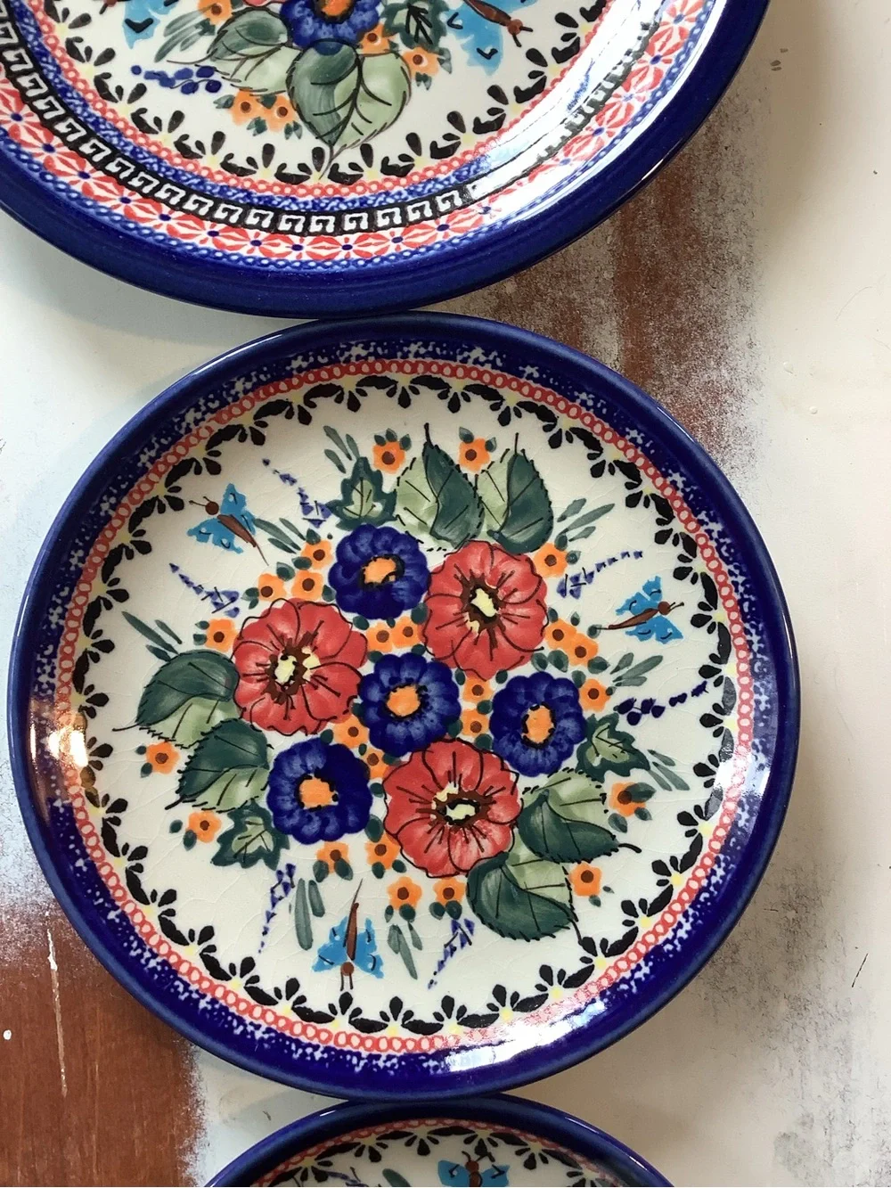 Set Of 3 Three UNIKAT Polish Pottery Plates Floral Butterfly
